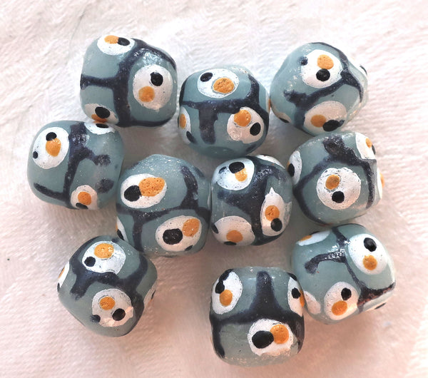Lot of 5 African Krobo round evil eye glass beads, gray, black , white and yellow 11-12mm big hole rustic, earthy beads