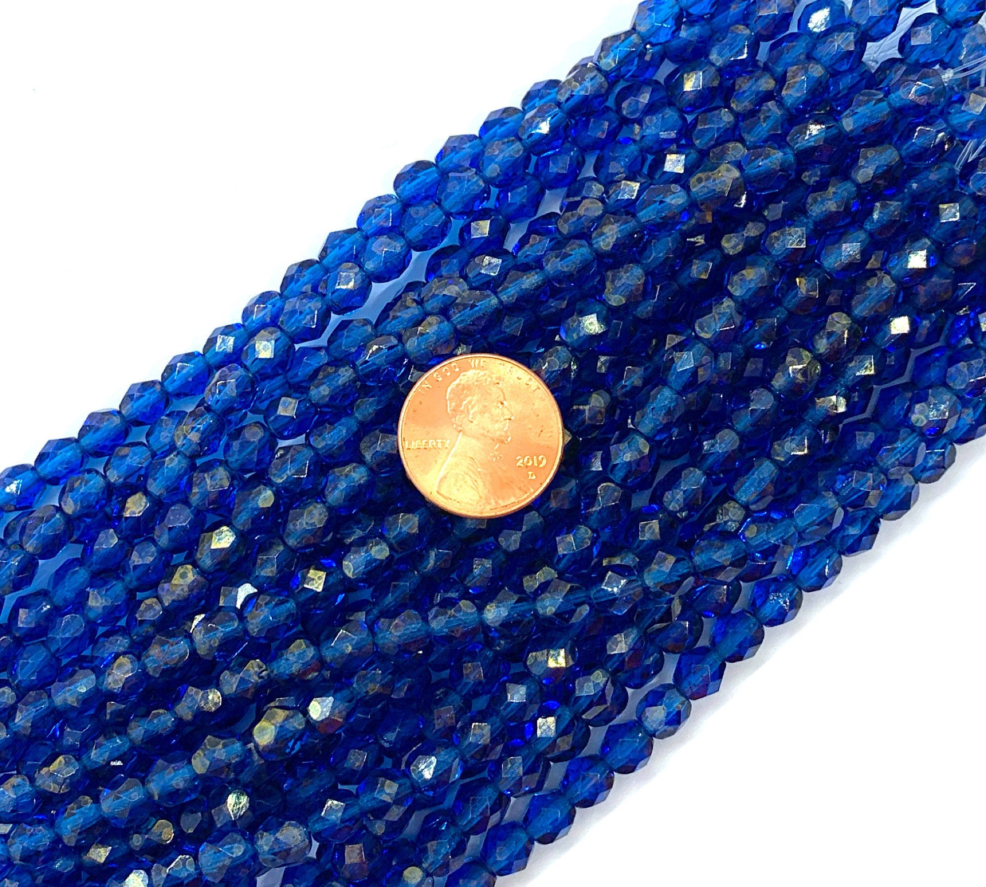 25 faceted round Czech glass beads - 6mm fire polished gold marbled luster Capri blue beads - C0044