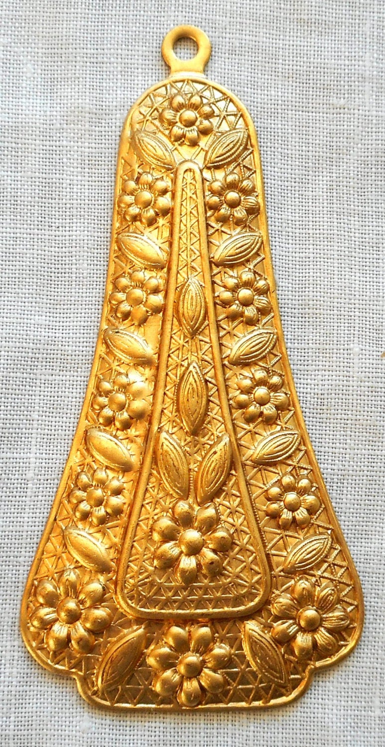 1 Raw Brass Stamping, Victorian, Art Nouveau, Deco large dangle, pendant, charm, drop, earring, 65mm x 31mm, made in the USA C0801 - Glorious Glass Beads