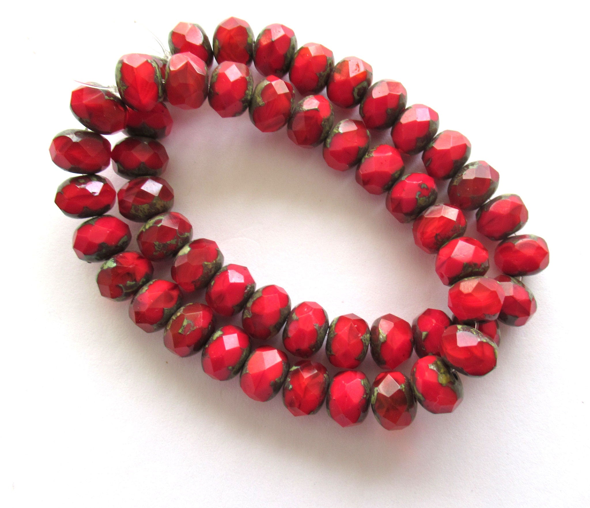 Lot of 25 Czech glass faceted puffy rondelle beads - 6 x 9mm opaque bright red silk picasso rondelles C00523
