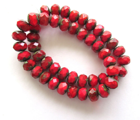 Lot of 25 Czech glass faceted puffy rondelle beads - 6 x 9mm opaque bright red silk picasso rondelles C00523