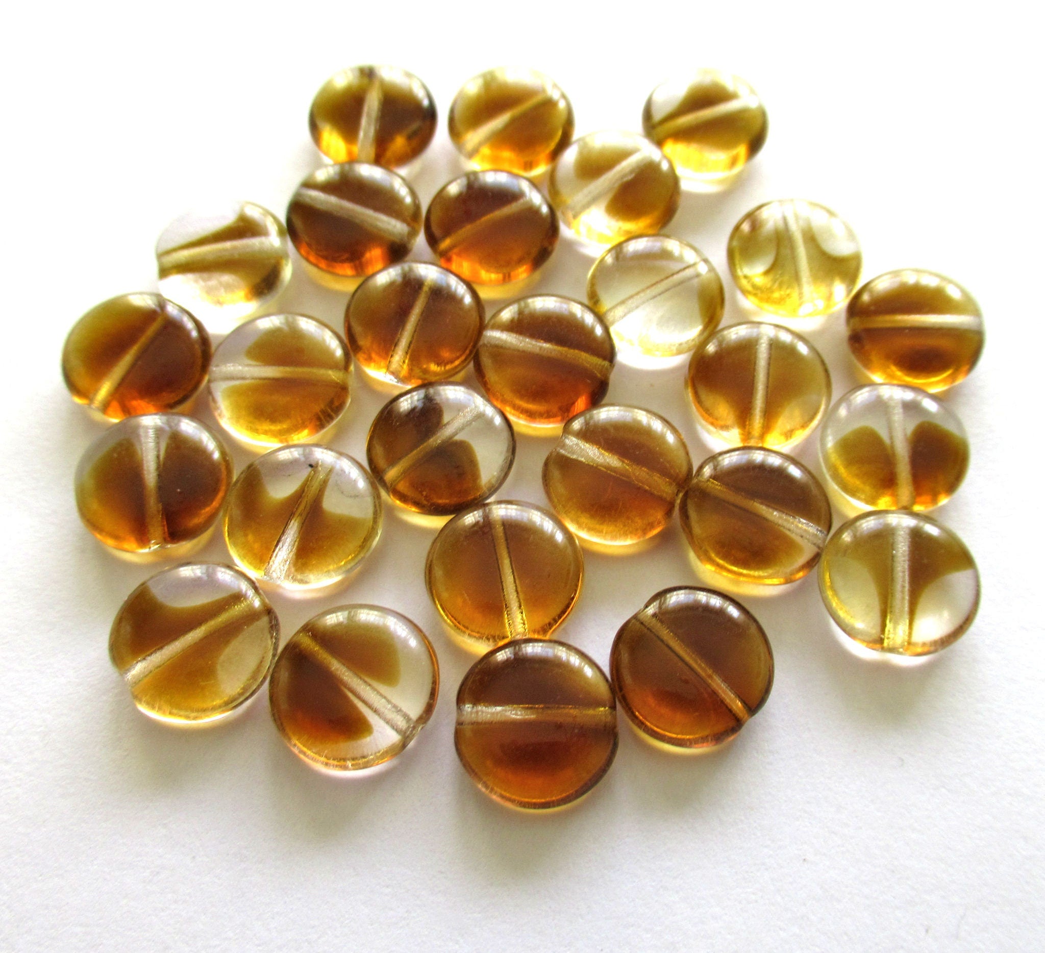 20 Czech glass coin beads - 10mm topaz brown & crystal mix disc beads C00011