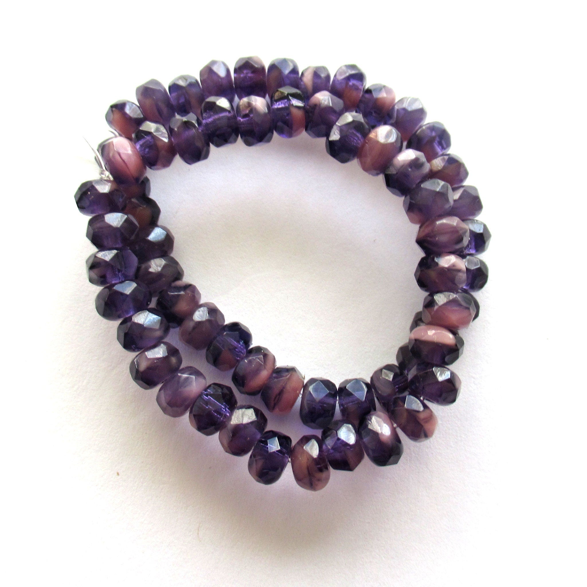 30 small Czech glass puffy rondelle beads - 3 x 5mm amethyst / purple / tanzanite & pink color mix faceted rondelles 00521