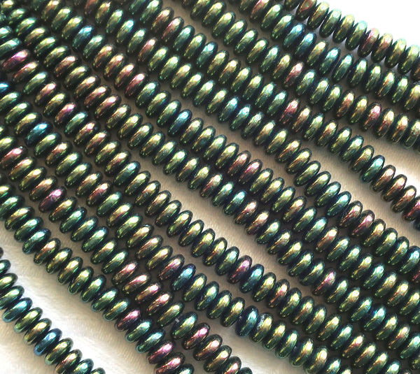 Lot of 50 6mm Czech glass rondelle beads, green iris flat spacers or rondelles C0701