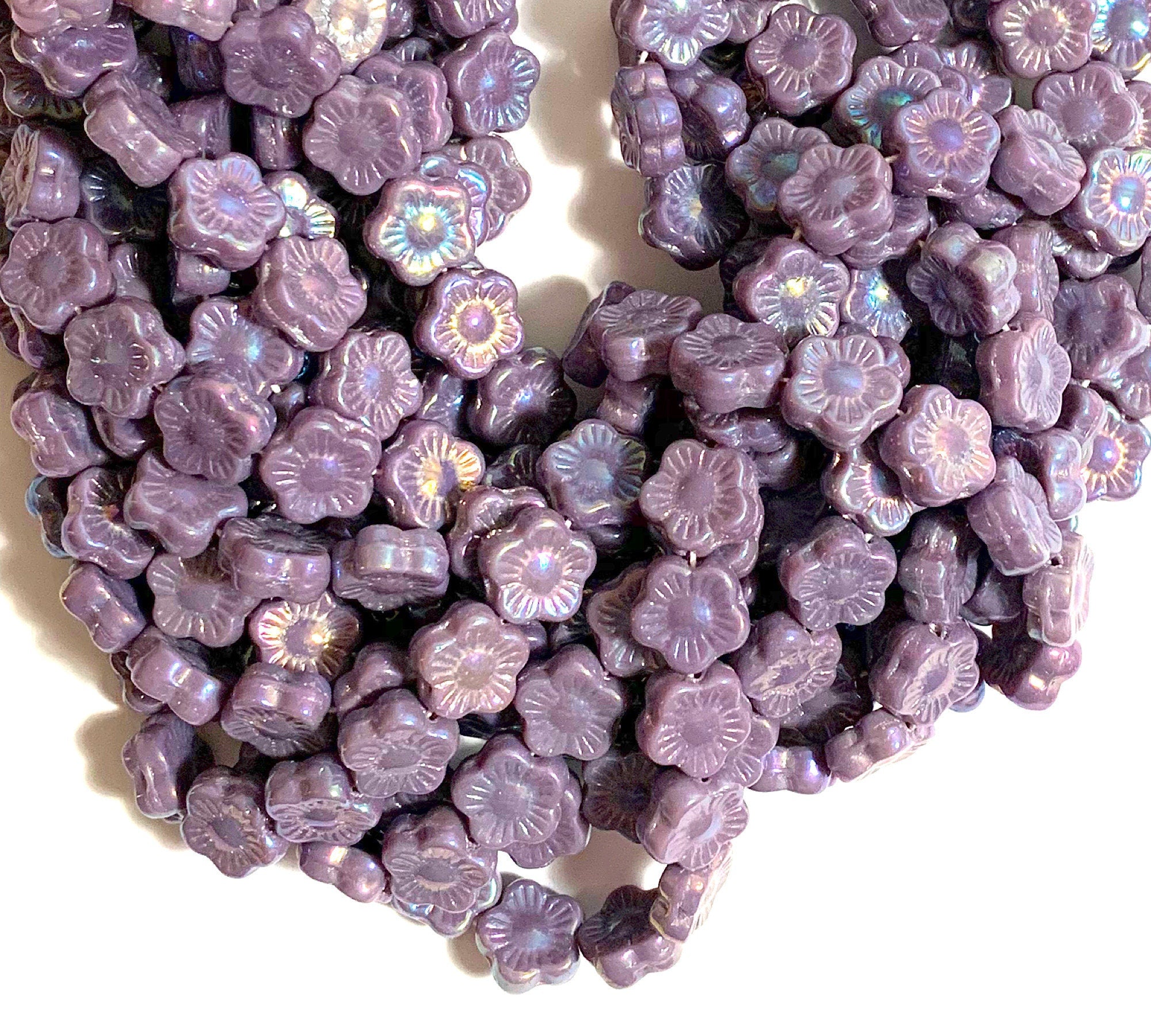 Lot of 25 10mm Czech glass flower beads - pressed glass luster iris opaque amethyst purple flower beads - C0036