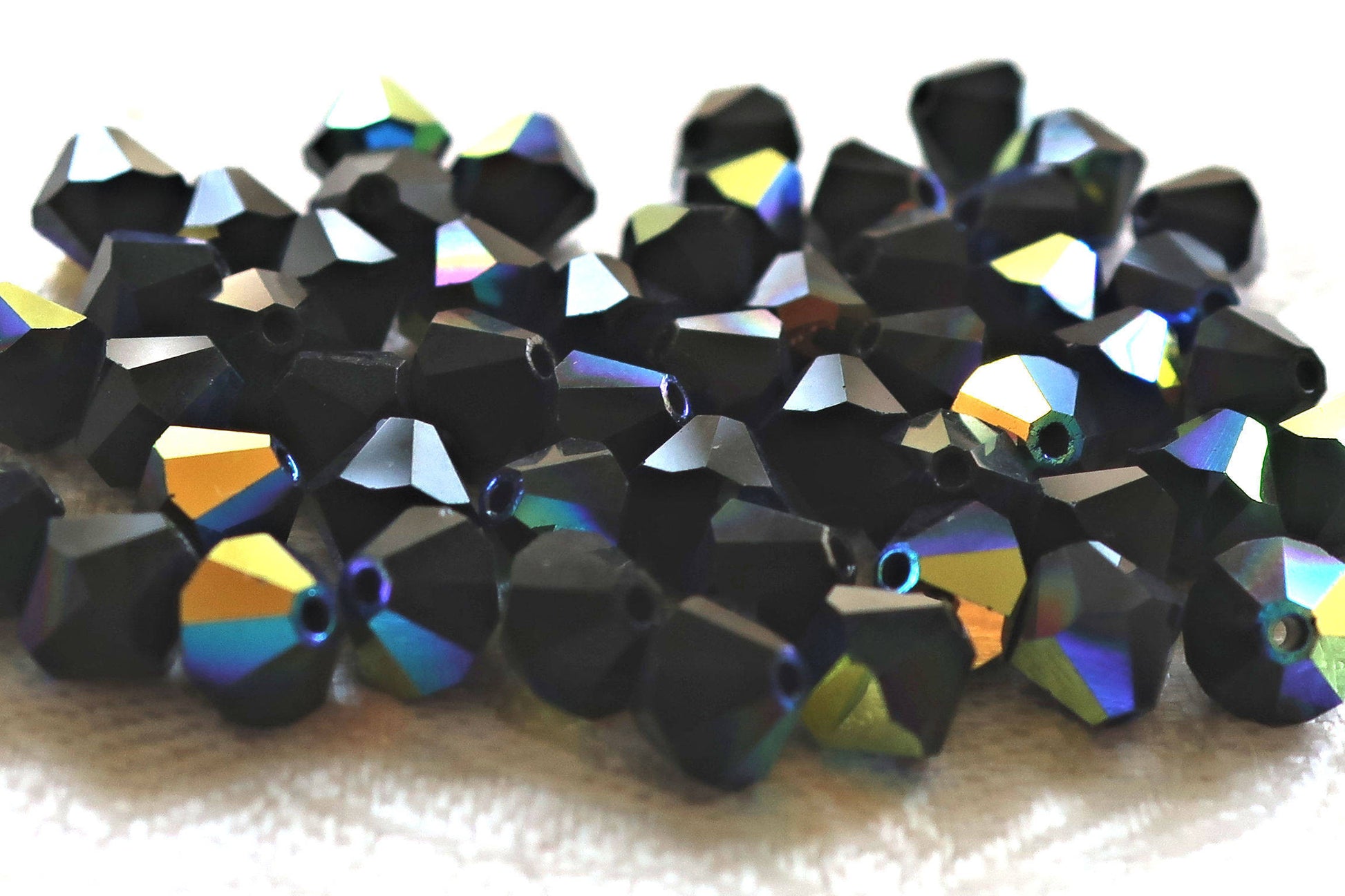 Lot of 24 6mm Czech opaque Jet Black AB glass faceted bicone beads, Preciosa Crystal black AB bicones 60101 - Glorious Glass Beads
