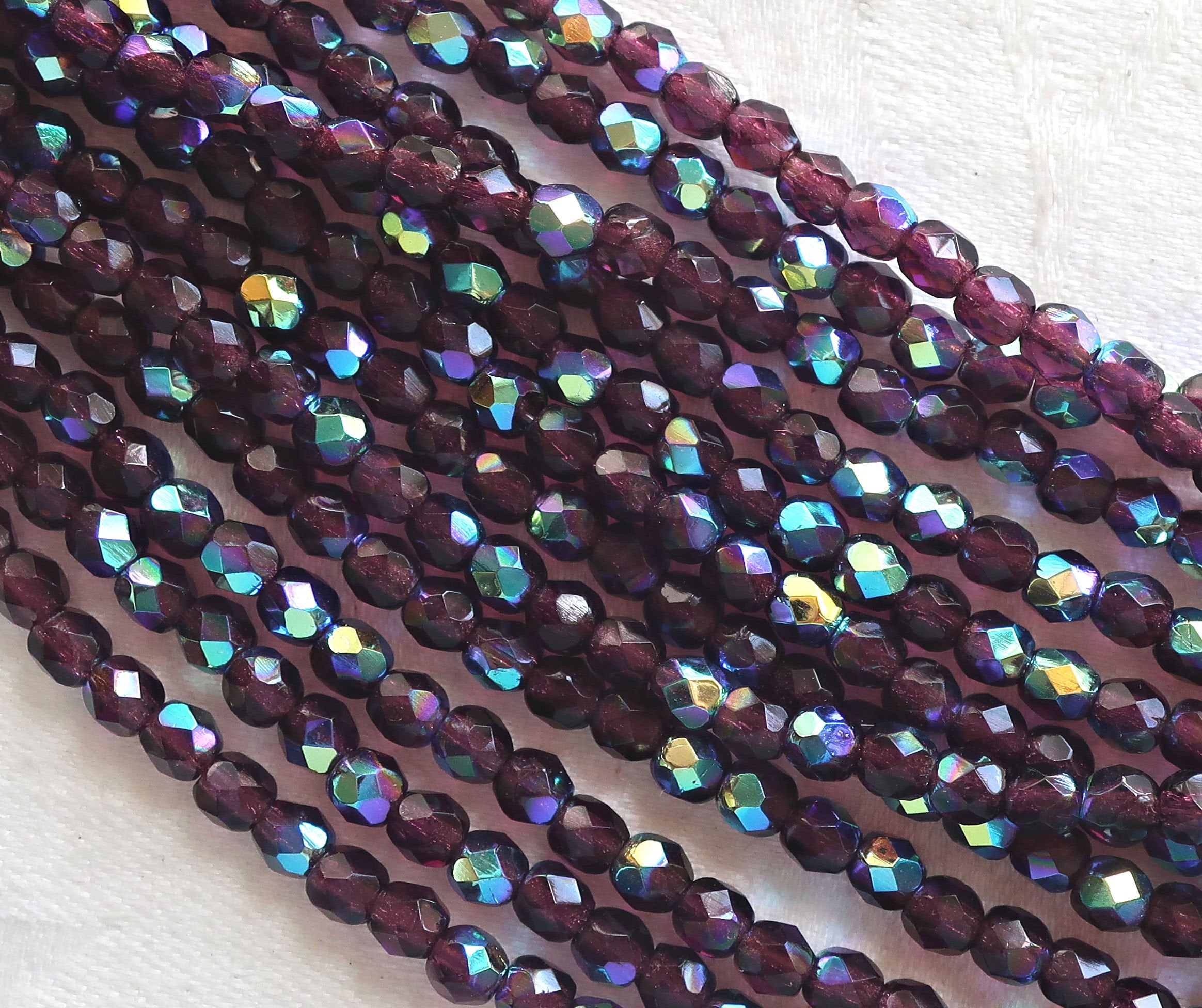 Lot of 50 4mm Dark Amethyst AB Czech glass beads, purple, amethyst, firepolished, faceted round beads, C8550 - Glorious Glass Beads