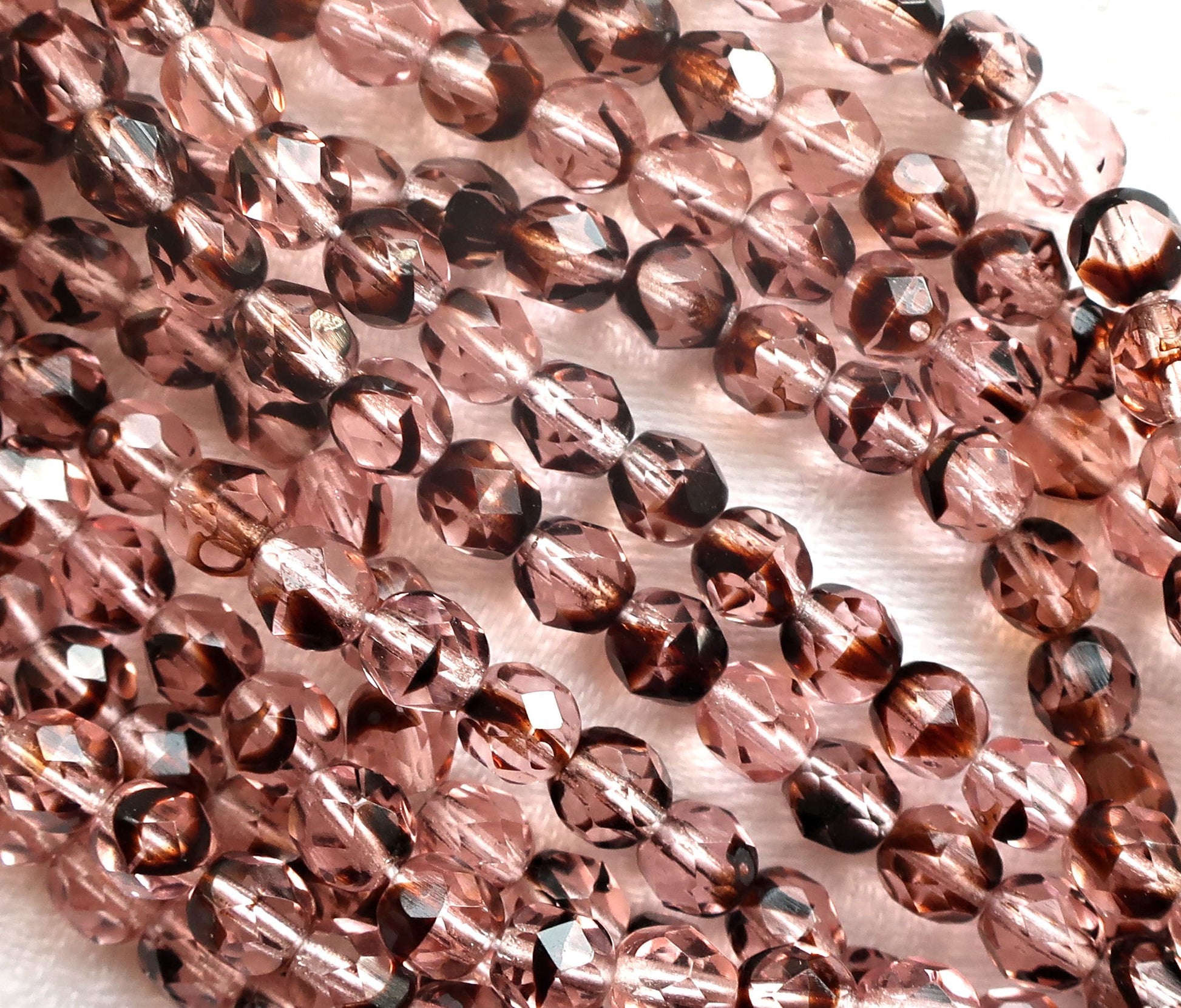 Lot of 25 6mm Czech glass beads - Rosaline Tortoise - pink & brown - round firepolished faceted beads 6525 - Glorious Glass Beads