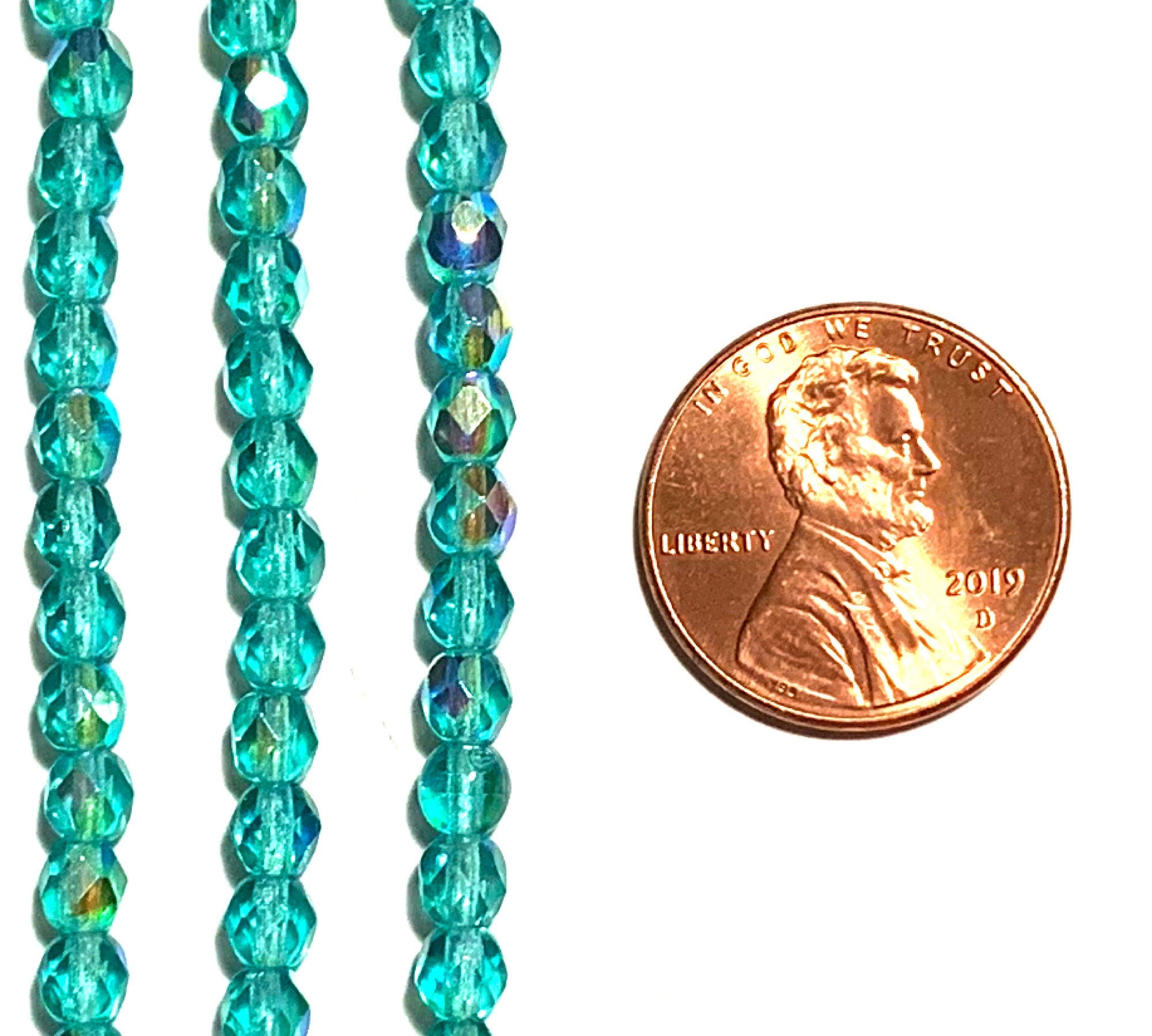 50 4mm light teal blue green AB Czech glass beads, round, faceted fire polished beads C0055