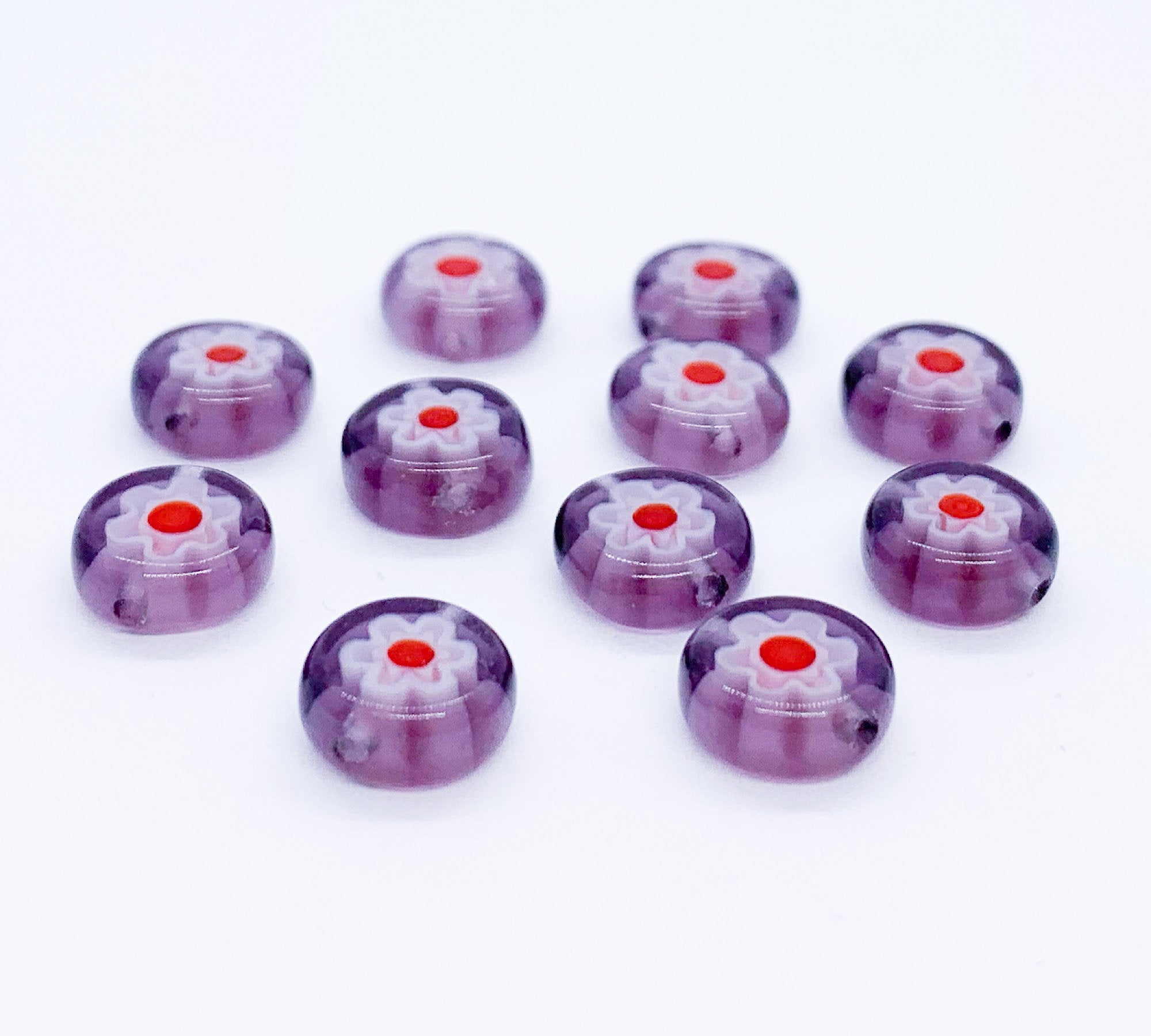 Ten 8mm cane or millefiori glass beads - purple red and white coin or disc beads - C0008