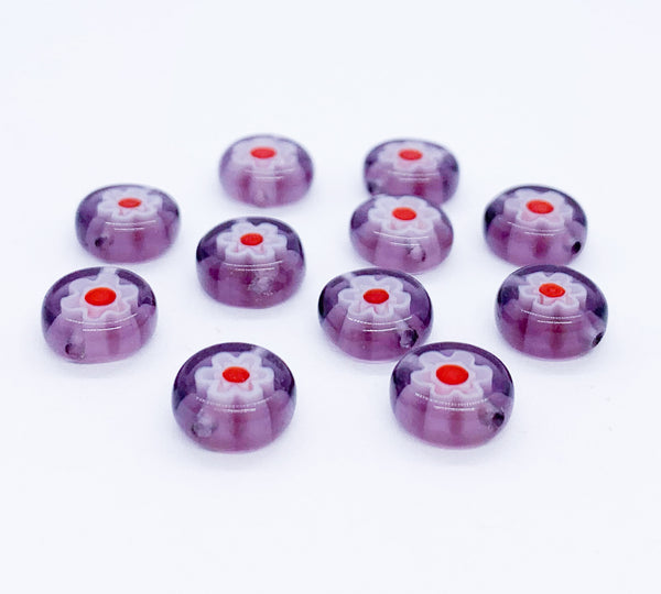 Ten 8mm cane or millefiori glass beads - purple red and white coin or disc beads - C0008