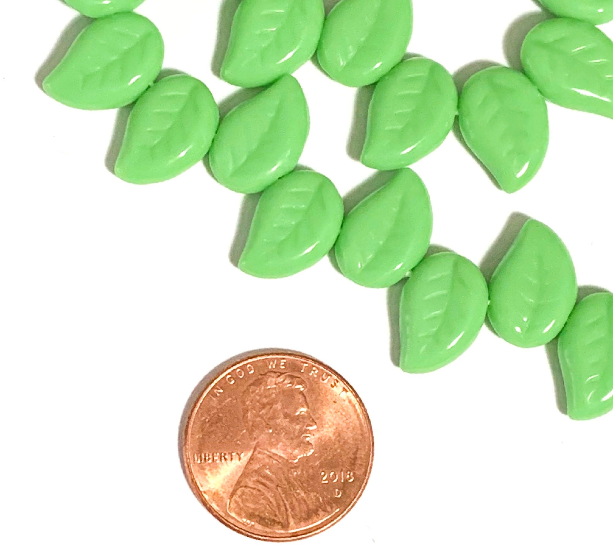 25 Czech glass side drilled eucalyptus leaf beads - 12 x 9mm opaque green leaves - textured pressed glass beads - C0077