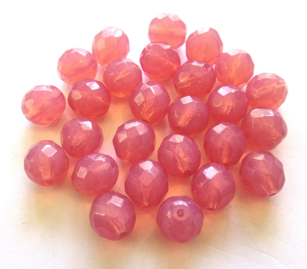 Twenty 10mm Czech glass beads - faceted fire polished rose opal milky pink round beads C00531