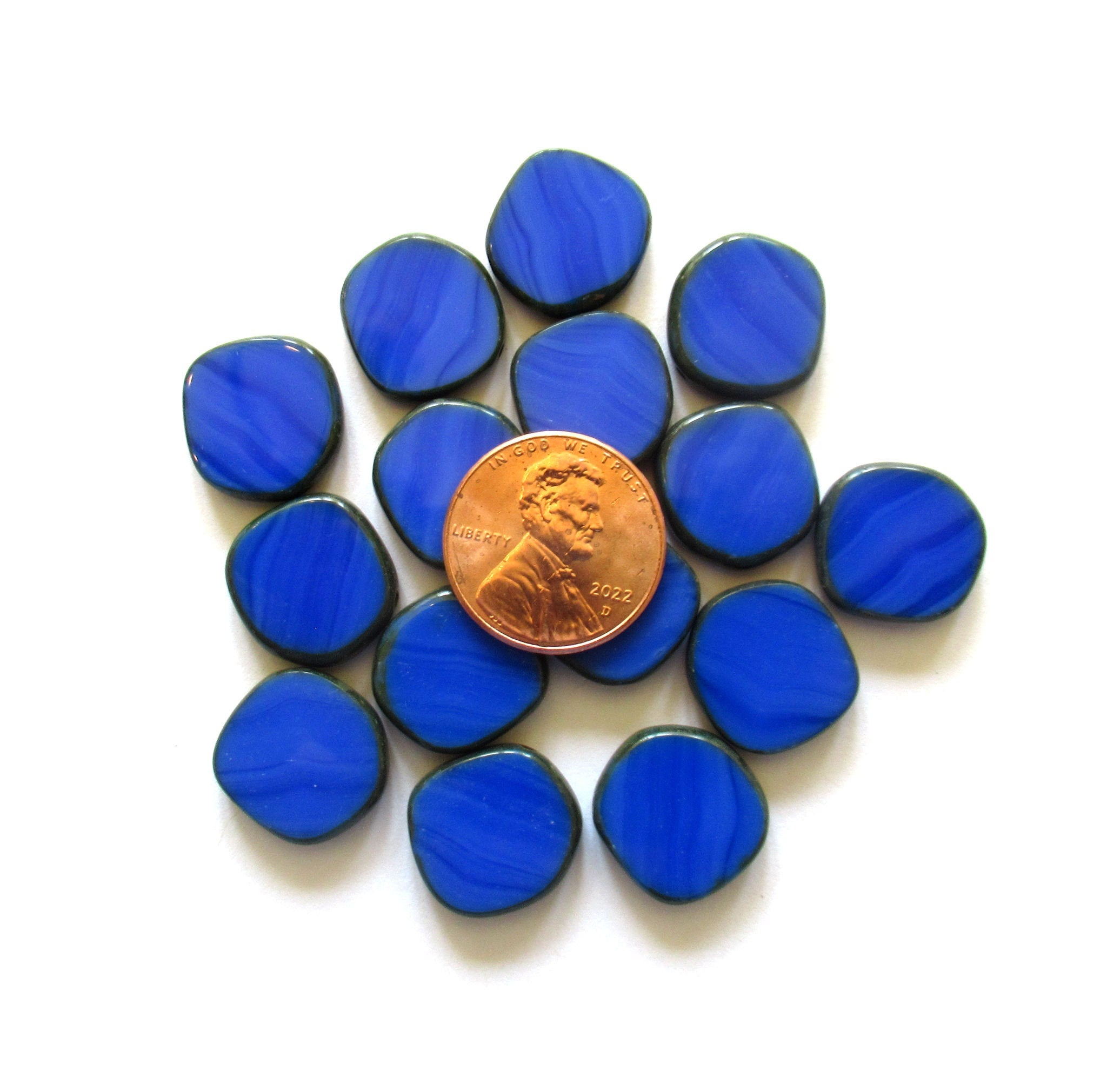 Six 15mm Czech glass asymmetrical coin or disc beads - opaque royal blue silk picasso table cut beads - C00001