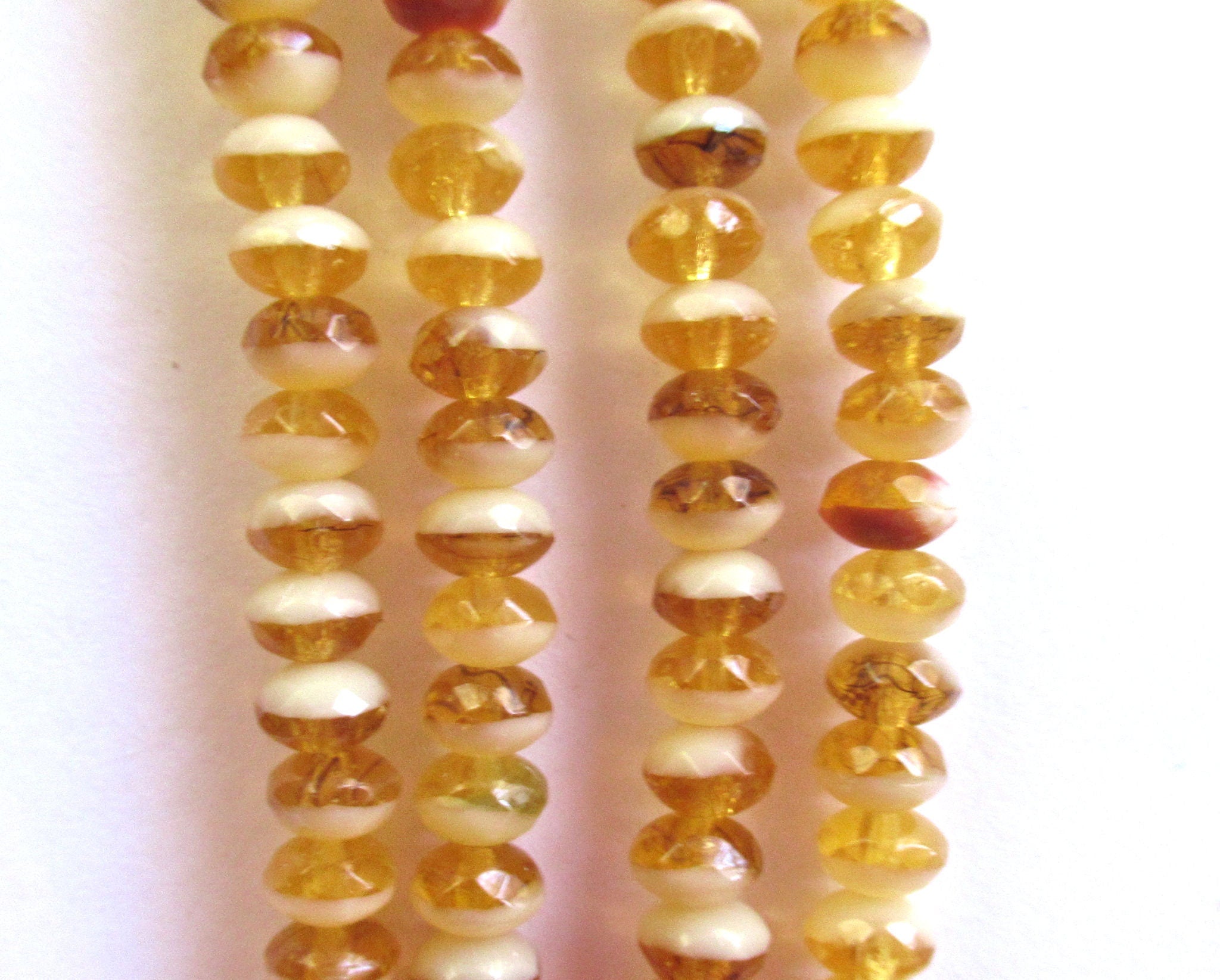 38 small Czech glass puffy rondelle spacer beads - 3 x 5mm faceted amber & white rondelles C0016