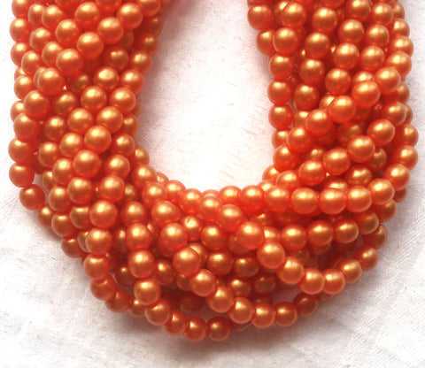 50 6mm Czech glass beads, Sueded Gold Lame Hyacinth, bright orangem tangerine, smooth round druk beads C4950 - Glorious Glass Beads