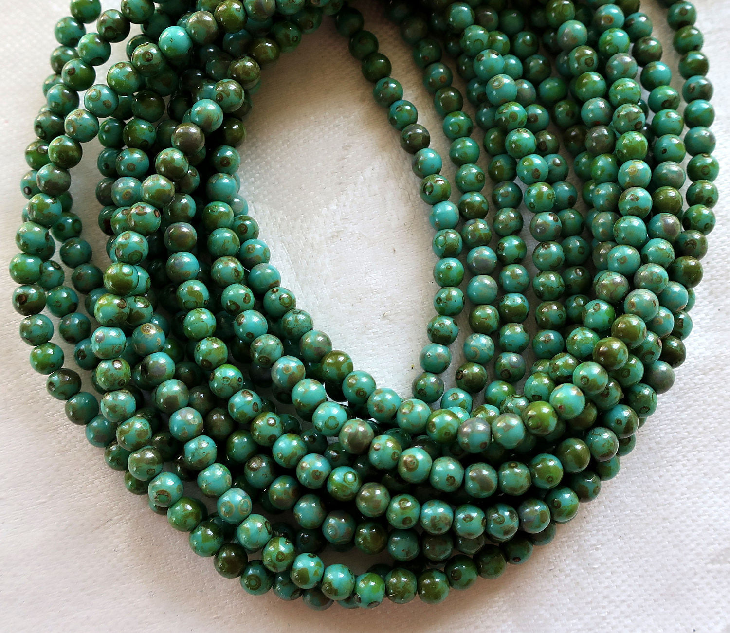 Lot of 100 4mm Opaque Turquoise Blue Picasso Czech glass druks, smooth round druk beads 40101 - Glorious Glass Beads