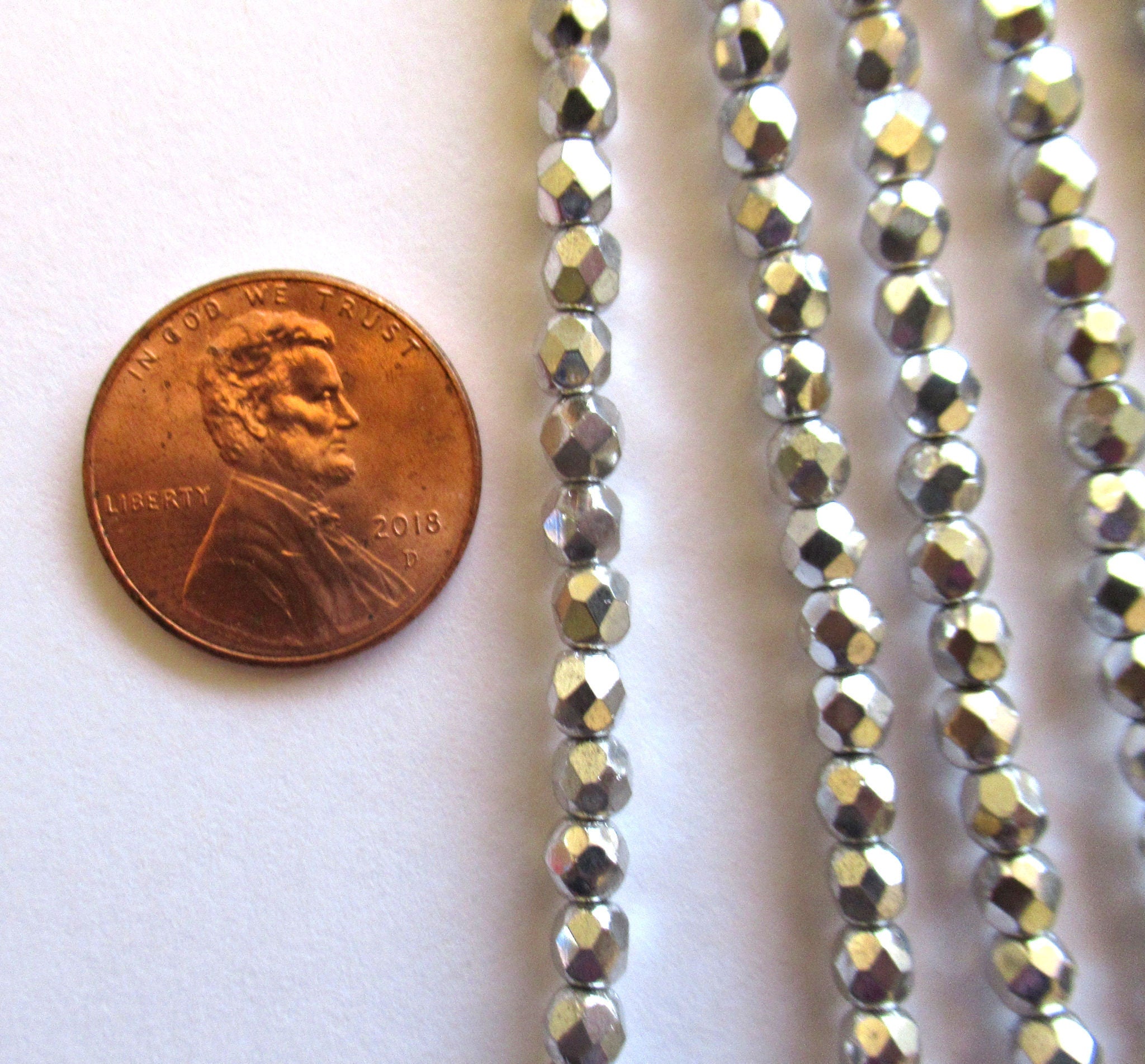 50 4mm metallic silver Czech glass beads - round, faceted fire polished beads C0027