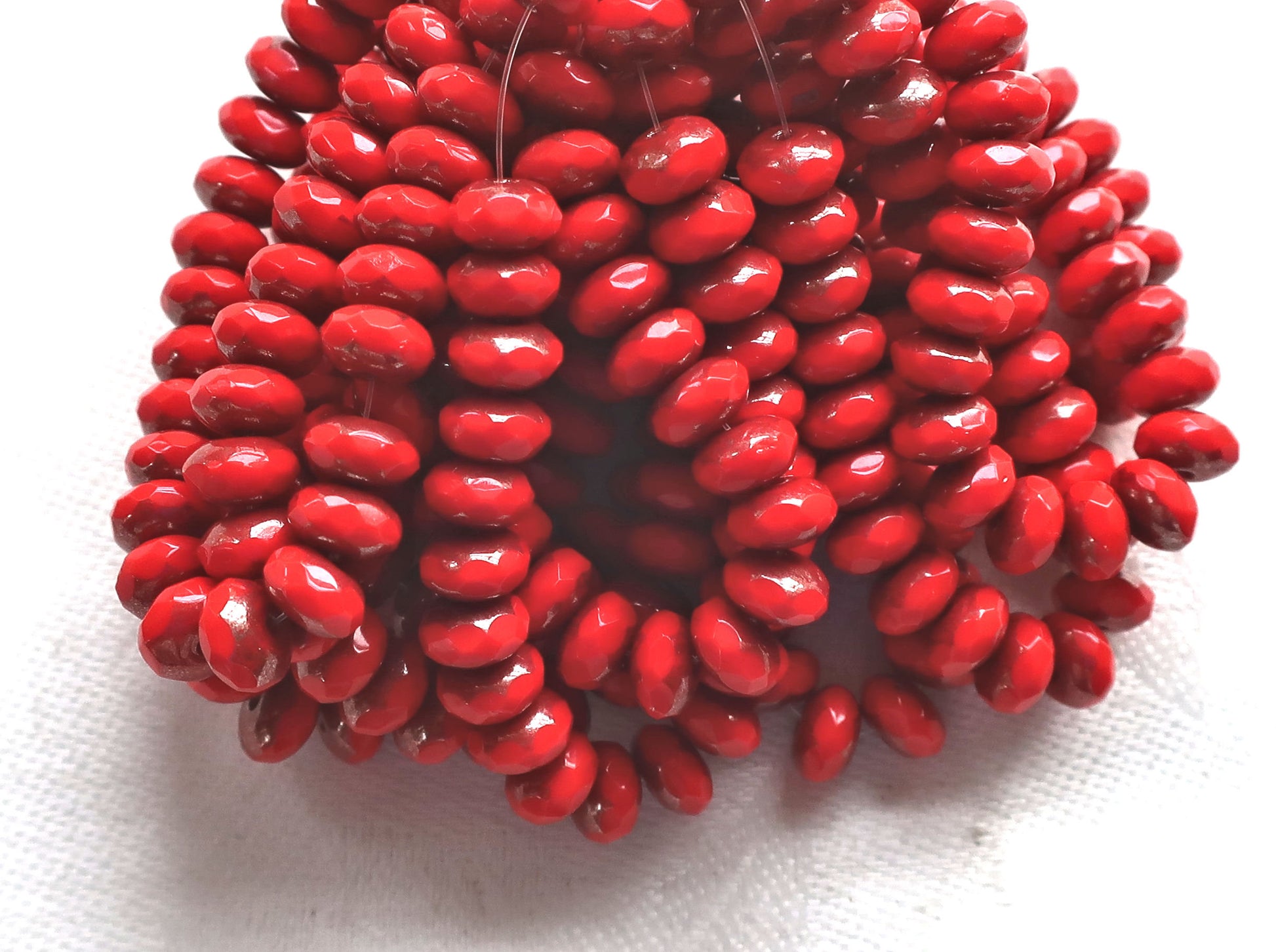 Lot of 25 Opaque Bright Red Picasso faceted puffy rondelle or donut beads, 5 x 7mm, Czech glass beads C16101 - Glorious Glass Beads