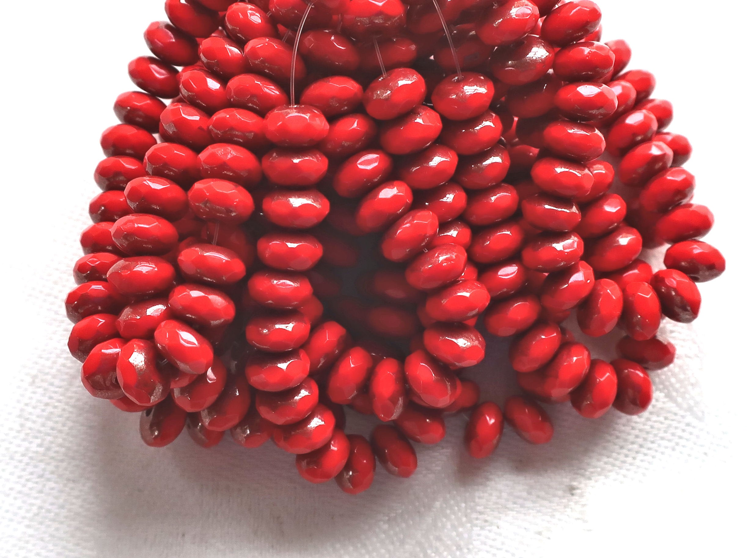 Lot of 25 Opaque Bright Red Picasso faceted puffy rondelle or donut beads, 5 x 7mm, Czech glass beads C16101 - Glorious Glass Beads