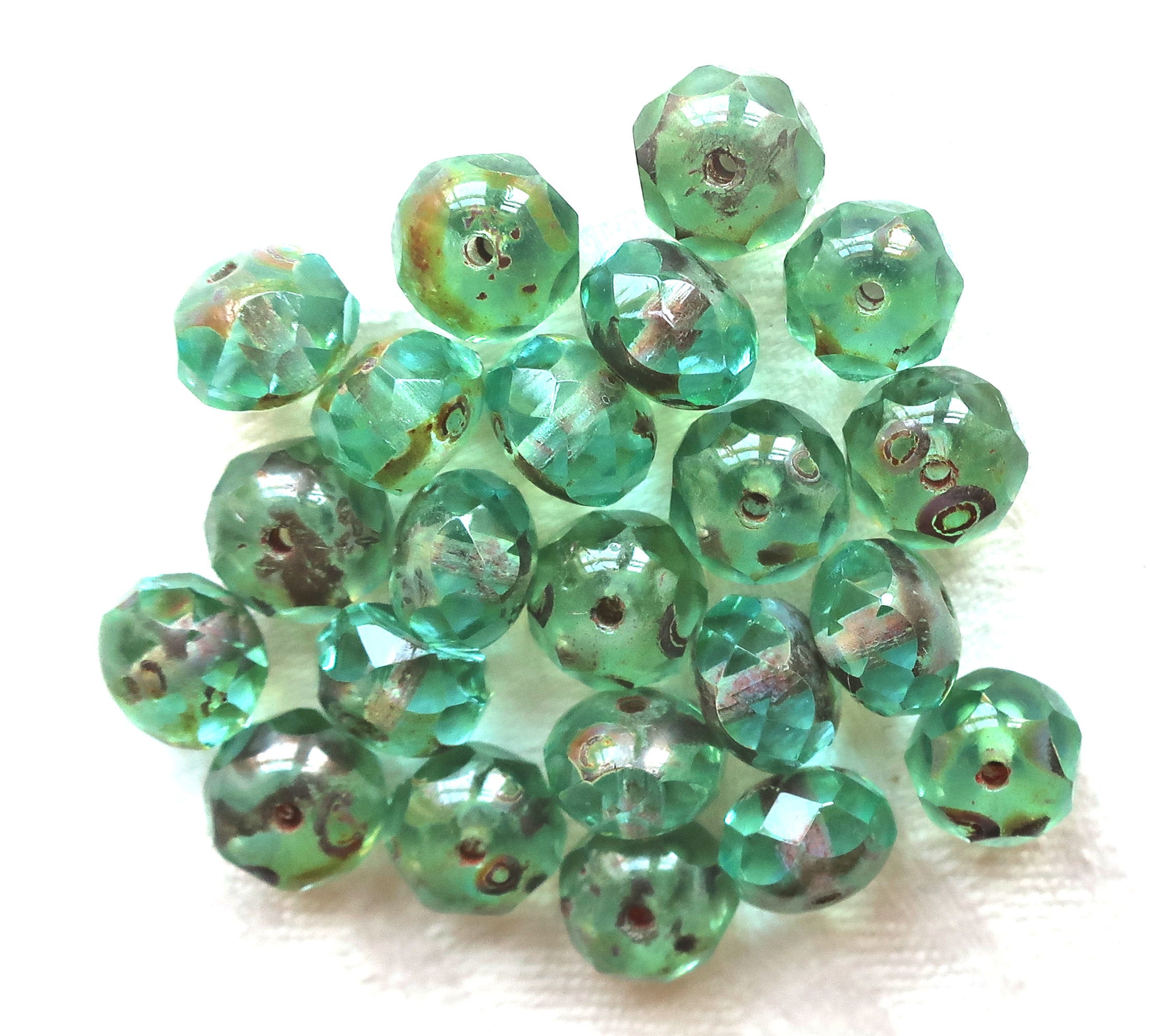 25 faceted Czech glass puffy rondelle beads, 8 x 6mm transparent aqua blue green picasso rondelles on sale 00201 - Glorious Glass Beads