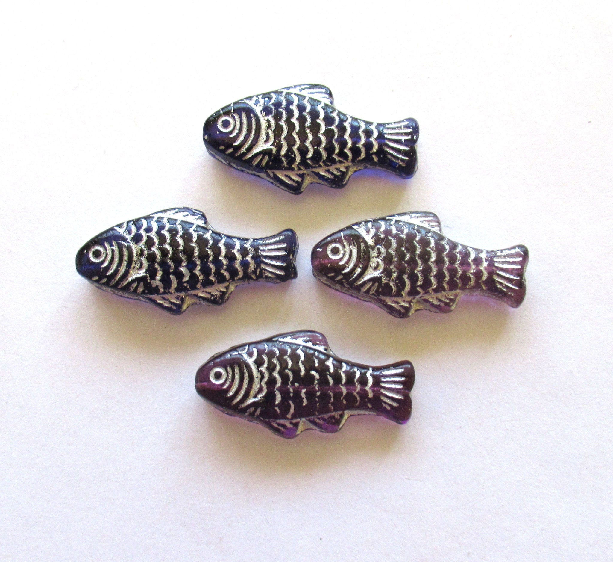 lot of 4 large Czech glass fish beads - 25 x 14mm transparent amethyst purple fish with a silver wash - C0057