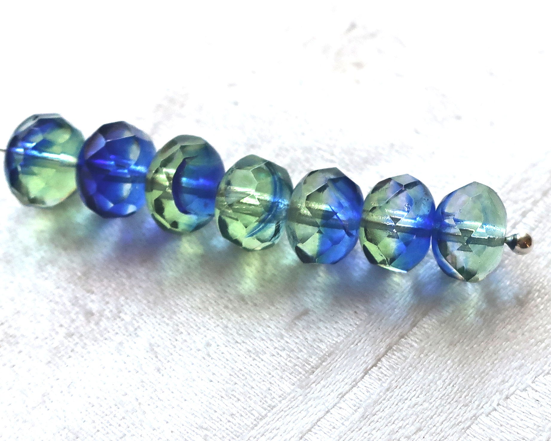 25 faceted Czech glass puffy rondelle beads, 8 x 6mm transparent mint green and sapphire blue mix, rondelles on sale 0901 - Glorious Glass Beads