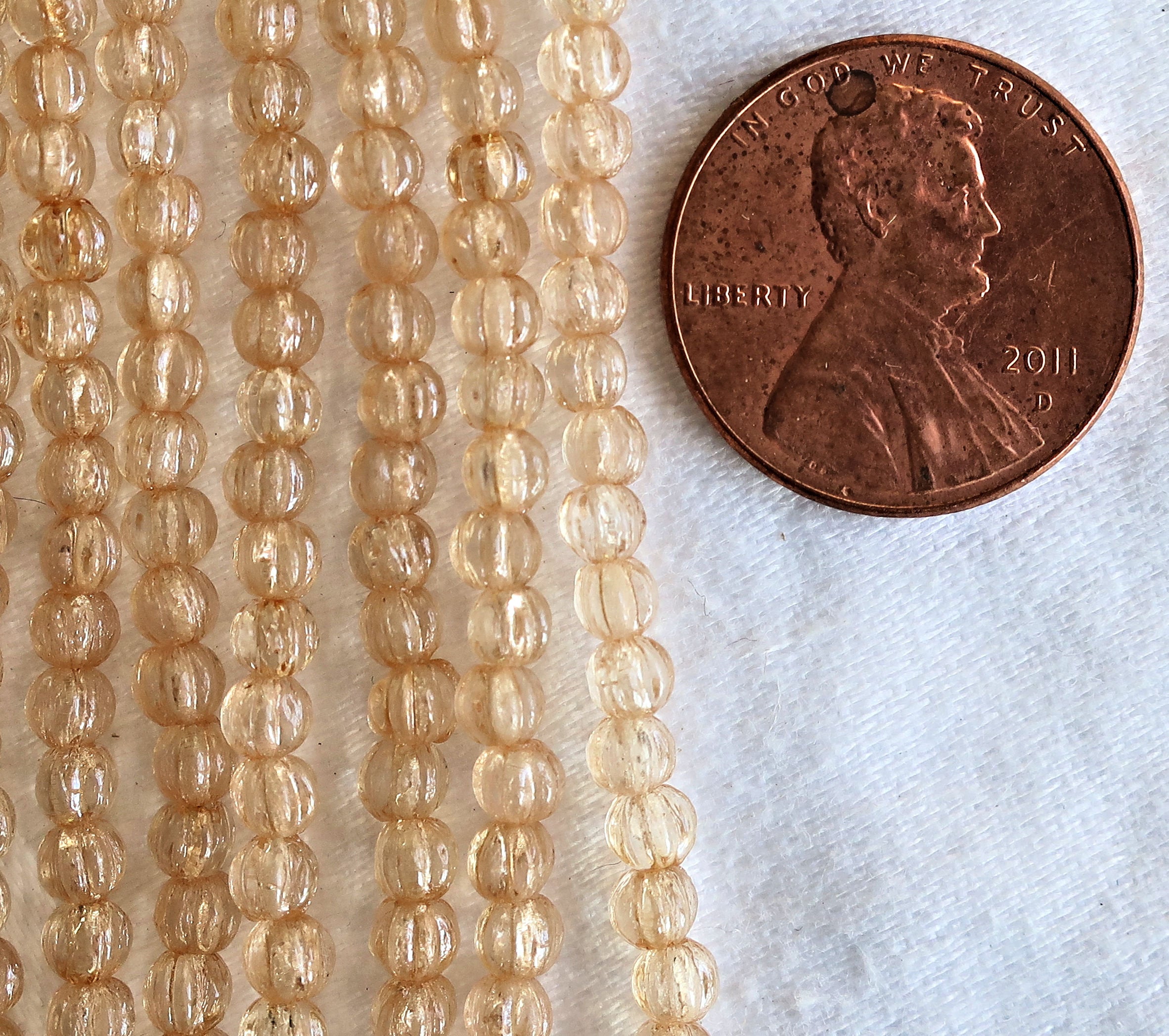 Lot of 100 3mm transparent luster champagne melon beads, neutral Czech pressed glass beads C13101 - Glorious Glass Beads