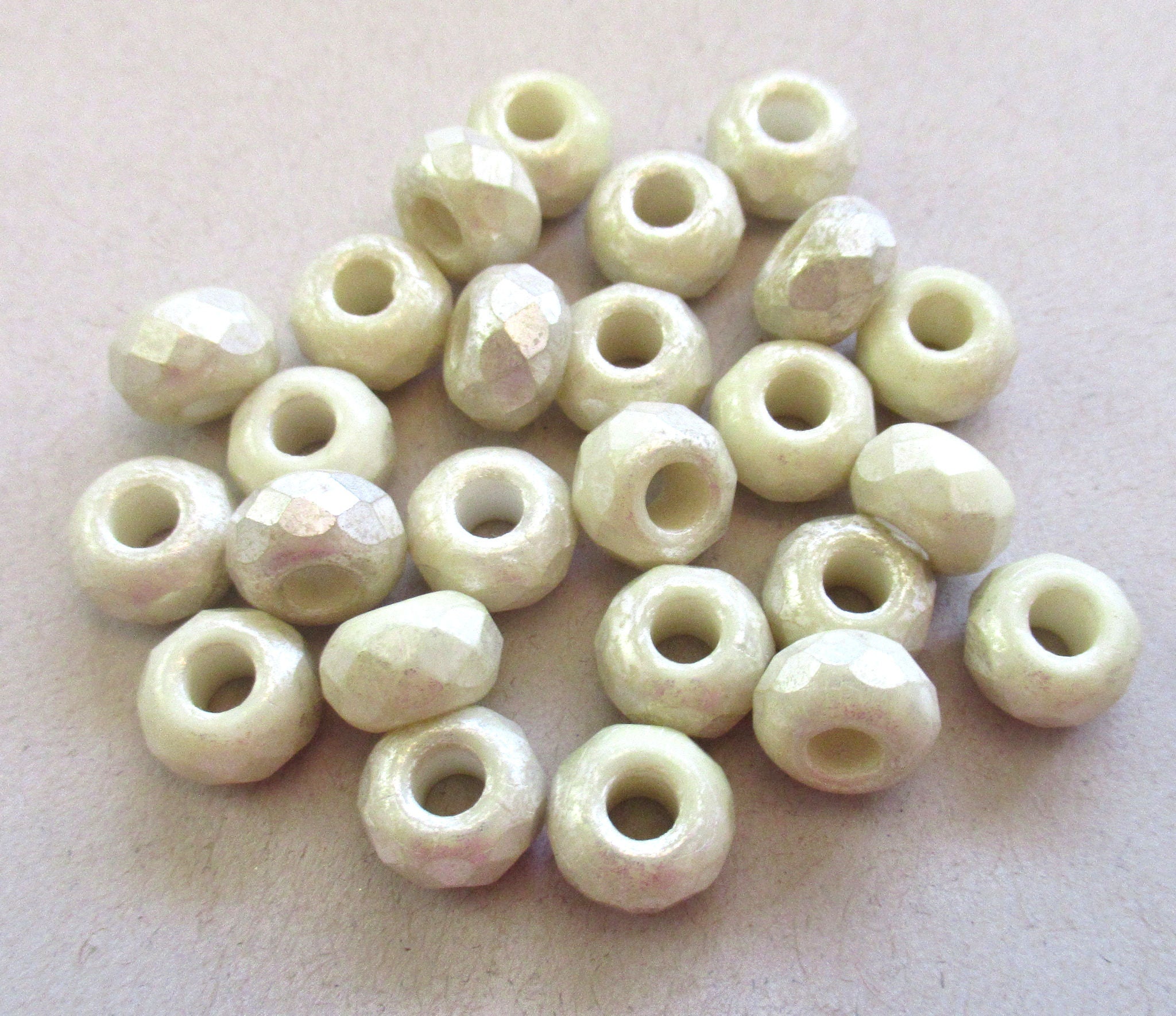 Ten Czech glass roller beads - 6 x 9mm off white or ecru w/ a silvery mercury finish faceted roller, rondelle, big 3.5mm hole beads C0099