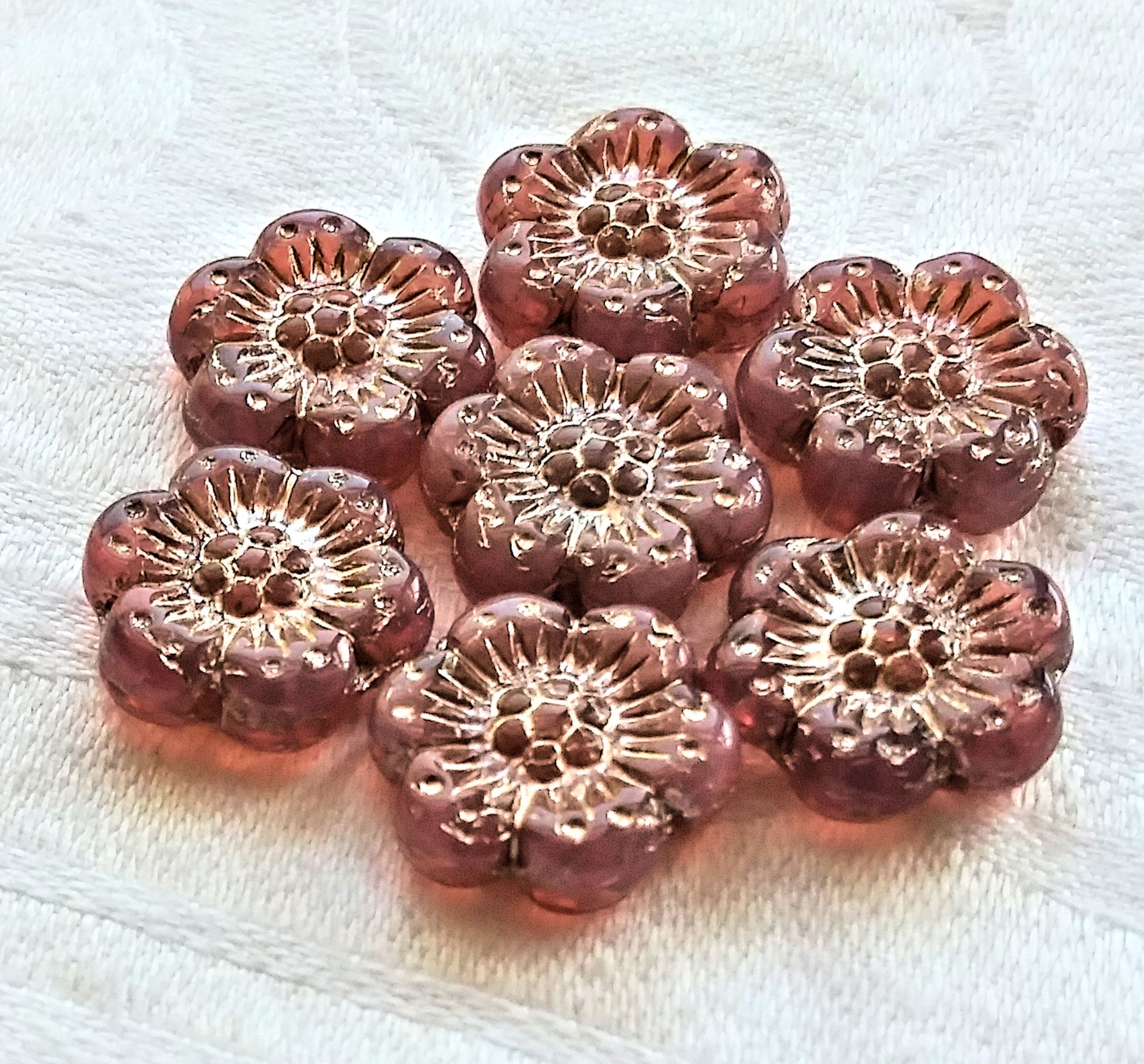 Twelve Czech glass wild rose flower beads - 14mm translucent milky pink opaline floral beads with a platinum wash C01201 - Glorious Glass Beads