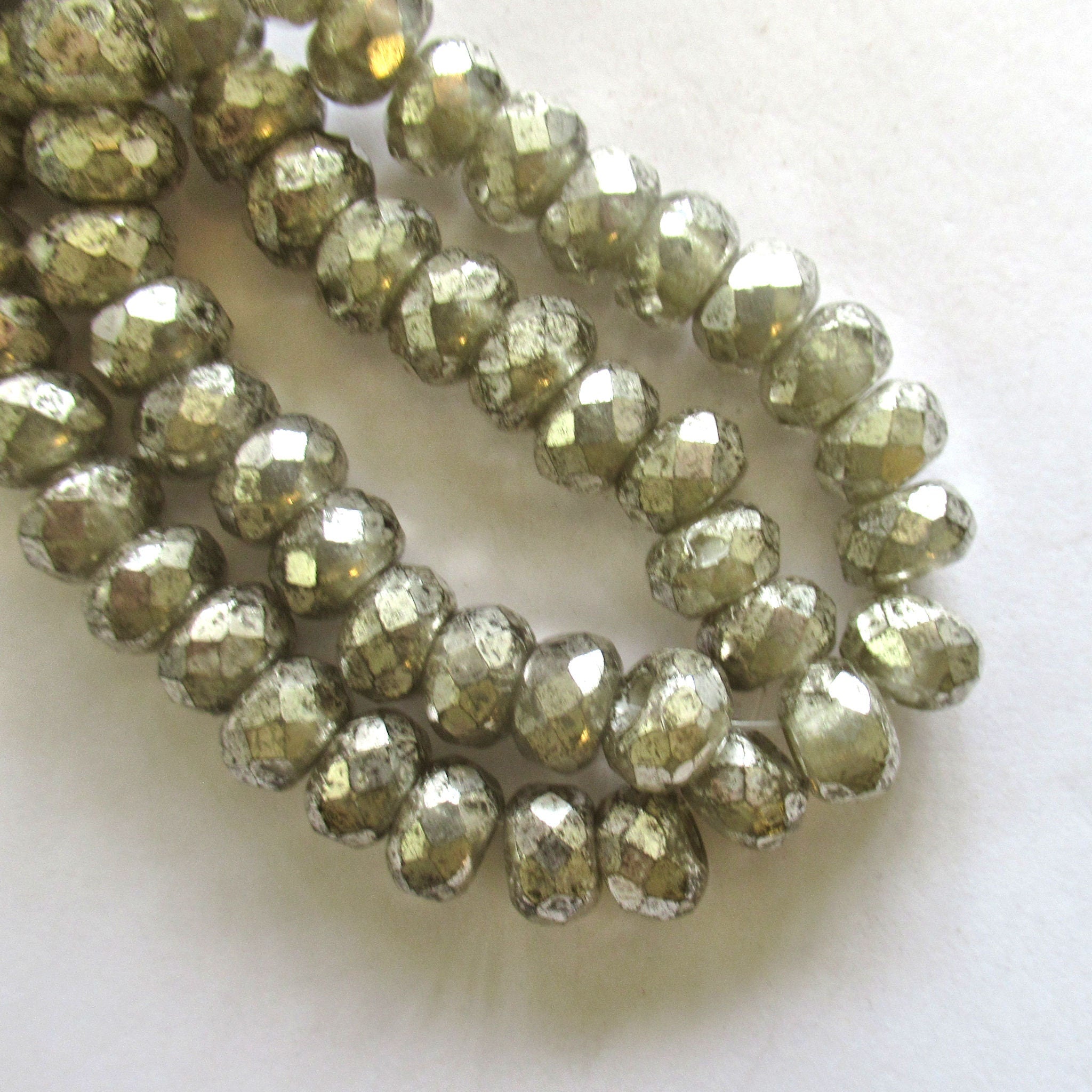 Ten Czech glass roller beads - 6 x 9mm rustic, earthy antique silver, faceted roller , rondelle , big 3.5mm hole beads C0099