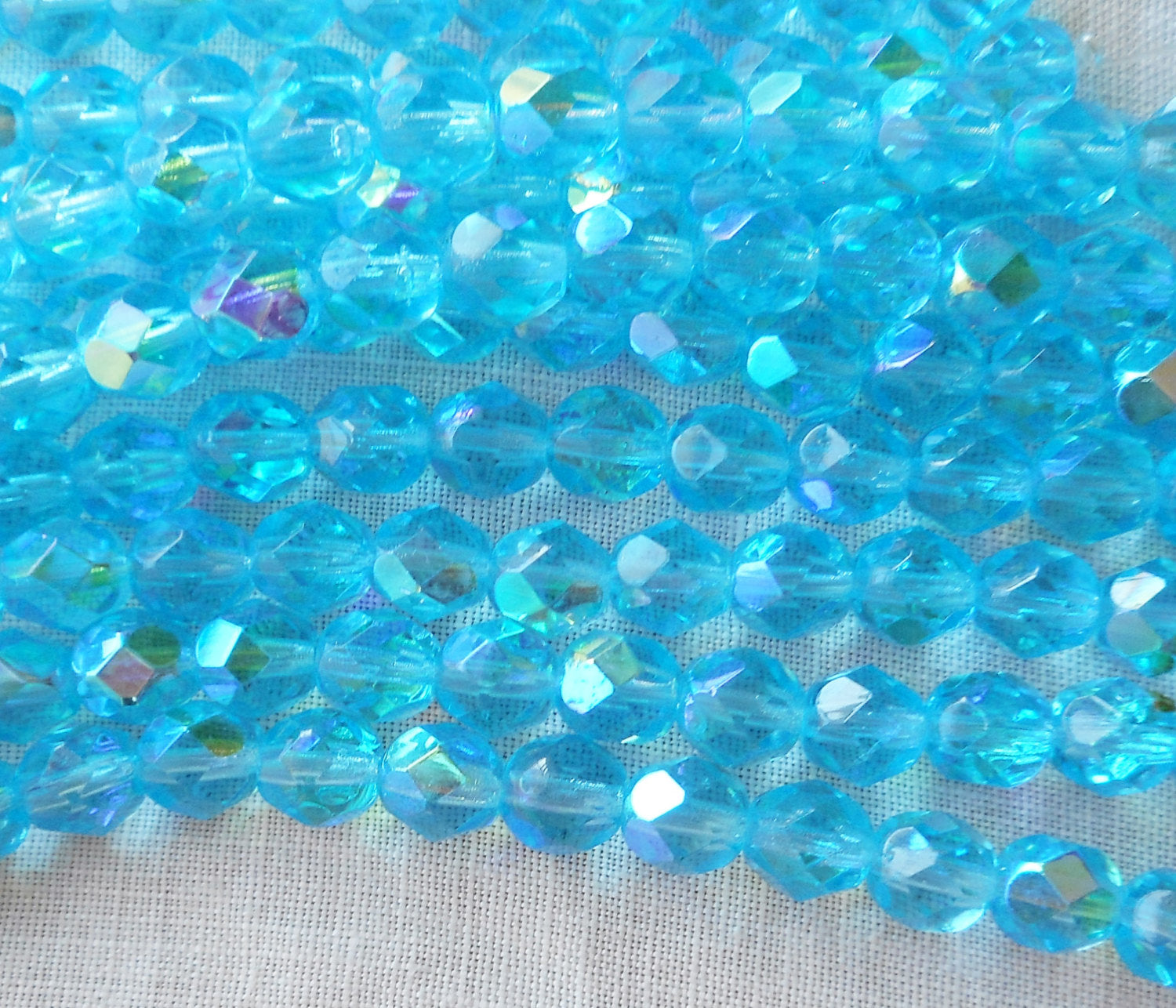 25 6mm Aqua, Aquamarine, blue AB Czech glass beads, faceted fire polished round beads C8401