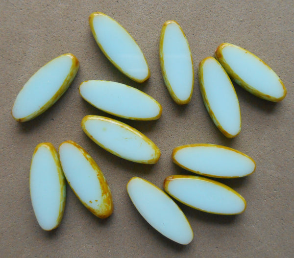 Ten 17 x 8mm light sky, baby, powder blue table cut, oval, oblong, picasso Czech glass spindle beads C00101