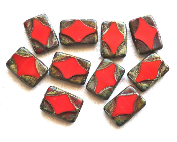 Five 16 x 11mm opaque red Czech glass rectangle beads, , rectangular, carved, table cut beads with a picasso finish C51101