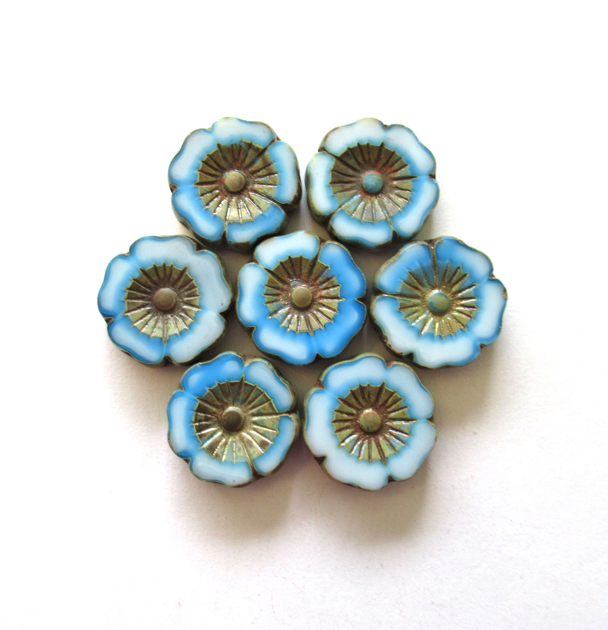 Two large 22mm Czech glass flower beads - Table cut carved marbled blue & white picasso beads - Hawaiian hibiscus focal flower beads - 00811