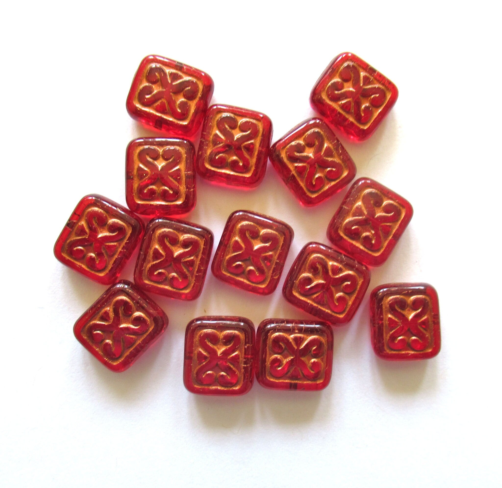 10 Czech glass rectangle beads - light garnet red with a copper wash - fancy patterened rectangular beads - 12mm x 11mm - C0059
