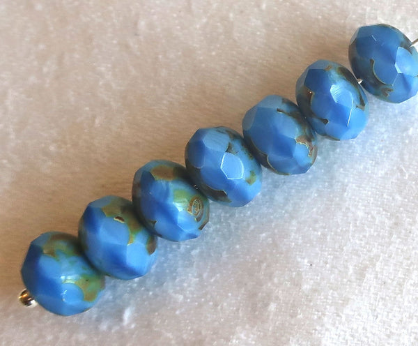 25 Czech glass faceted puffy rondelle beads, 6 x 8mm opaque silky sky blue picasso rondelles on sale 55101