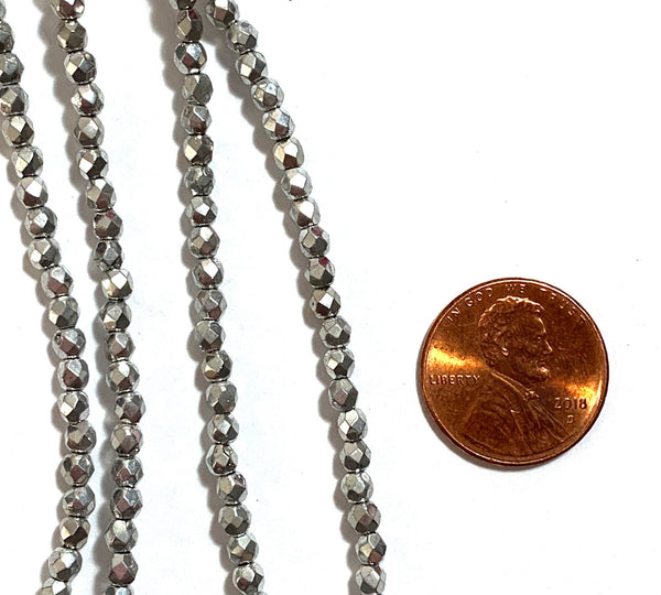 Lot of 50 3mm metallic silver Czech glass beads, round, faceted fire polished beads C0073
