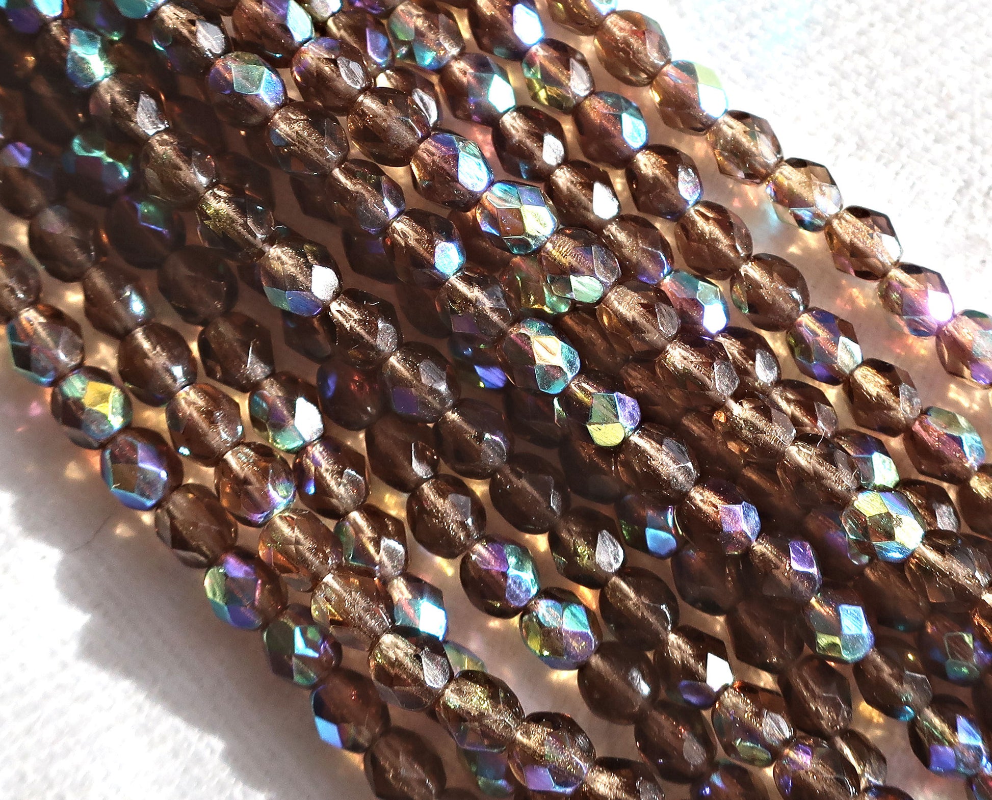 50 4mm Smoky Topaz Ab Czech glass beads, firepolished faceted, brown, round glass beads C8550 - Glorious Glass Beads