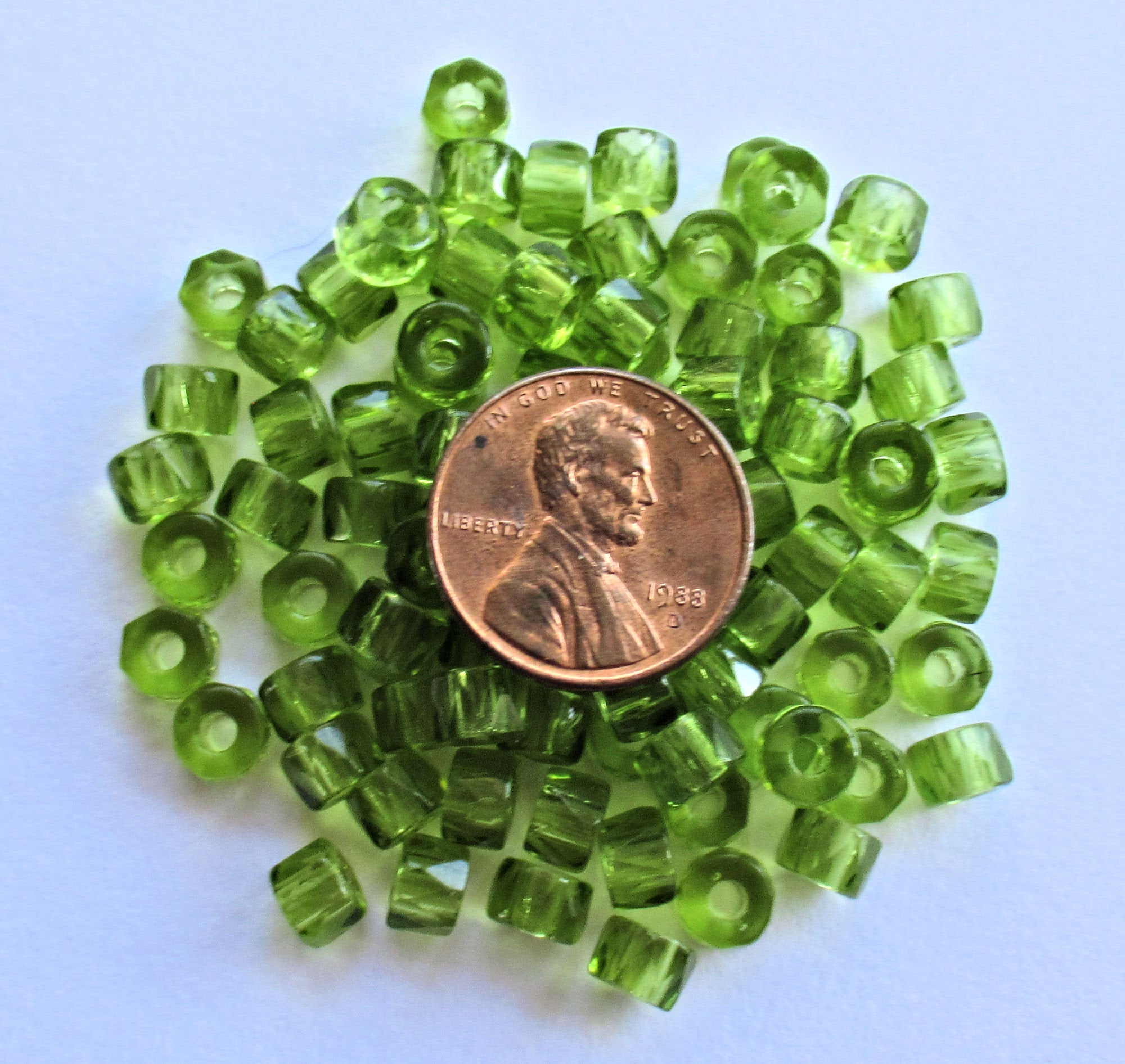 Fifty 6mm faceted olivine green Czech glass pony roller beads - large hole crow beads - C52150