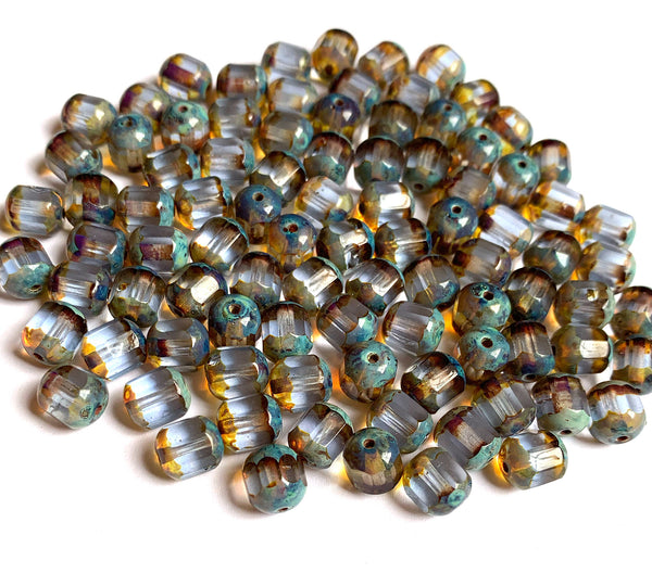 15 Czech glass faceted cathedral or barrel beads six sides - 8mm fire polished light sapphire blue beads w/ picasso finish on the ends C0025