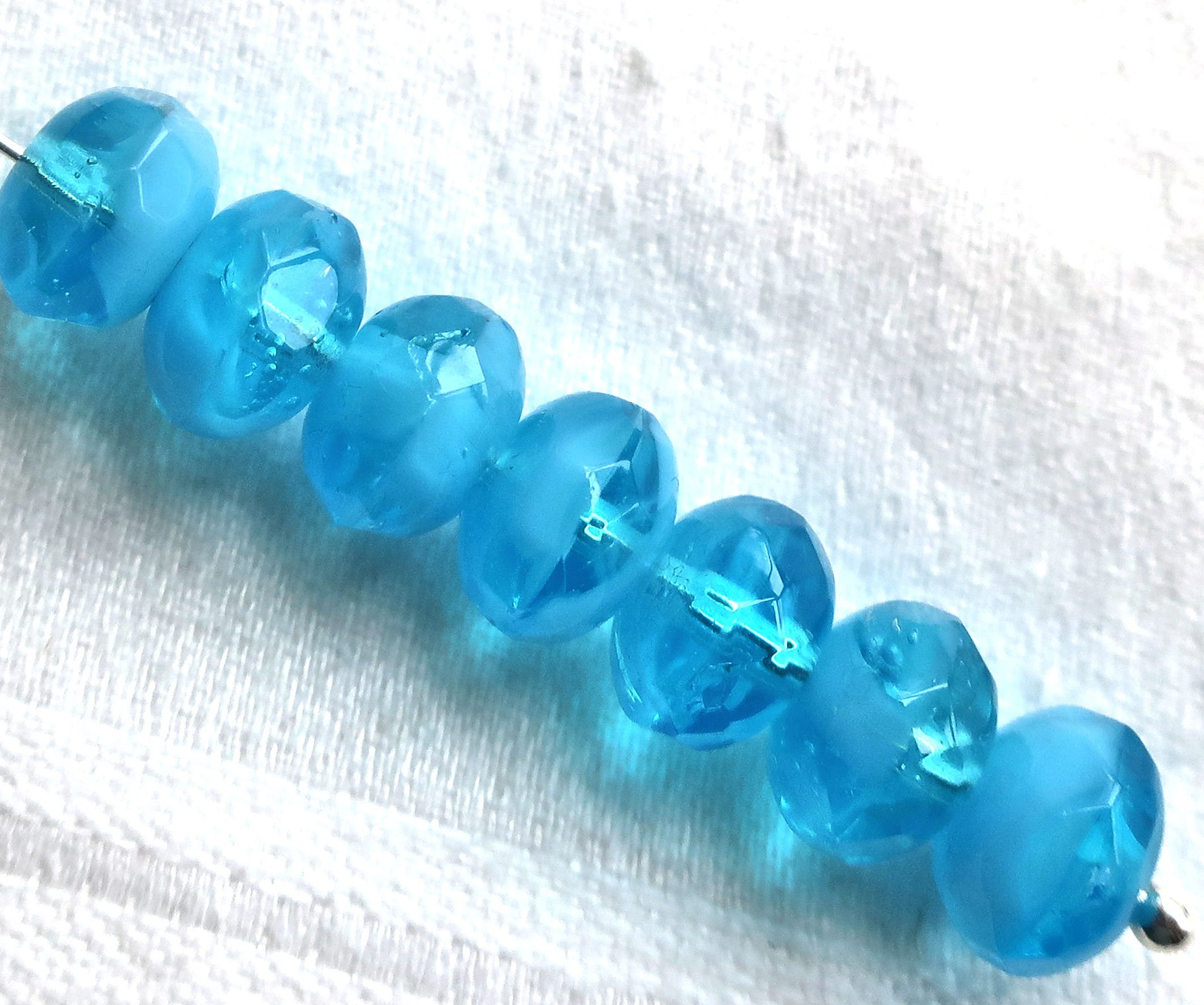 25 Czech glass puffy rondelles, 6 x 8mm transparent & milky aqua blue mix, faceted puffy rondelle beads, sale price 03101 - Glorious Glass Beads