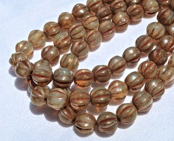 25 Czech 6mm glass melon beads, champagne picasso beads - earthy, rustic pressed glass beads C2701 - Glorious Glass Beads