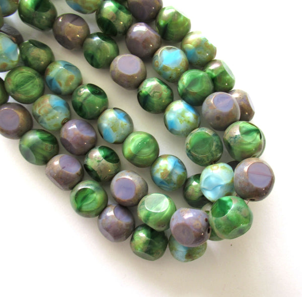 Twenty 12mm Czech glass beads - table cut Tri-cut opaque blue green purple color mix with a picasso finish window beads - C00424