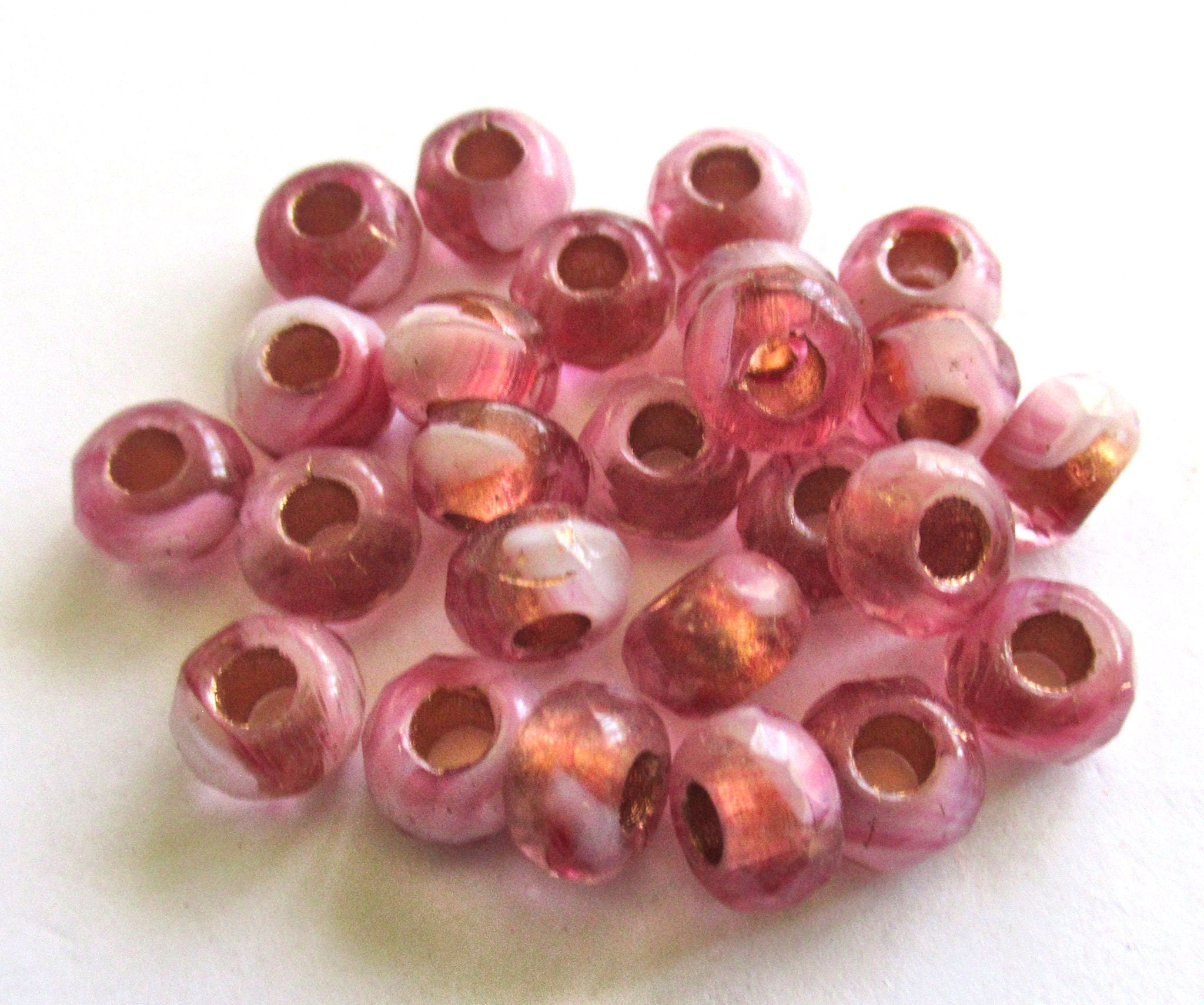 Ten Czech glass roller beads - 6 x 9mm pink & white marbled glass w/ copper linings, faceted roller, rondelle, big 3.5mm hole beads C00171