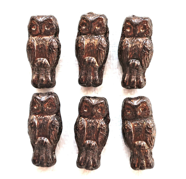 Lot of 10 small Czech glass owl beads, opaque black with a dark bronze finish, two sided earring beads, 15mm x 7mm 5401