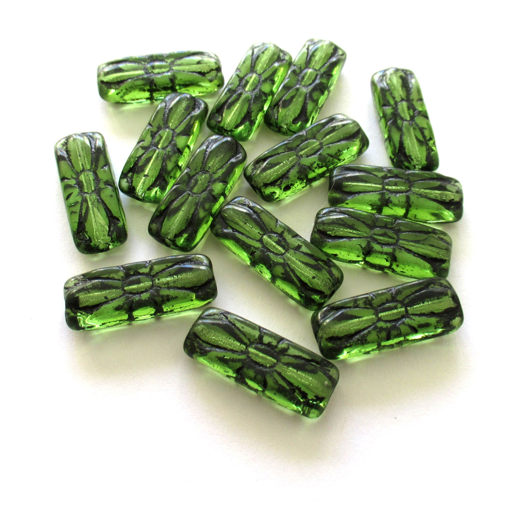 Five 20 x 8mm rectangular flower tube beads - olivine green with a black wash - Czech glass rectangle bead C0049