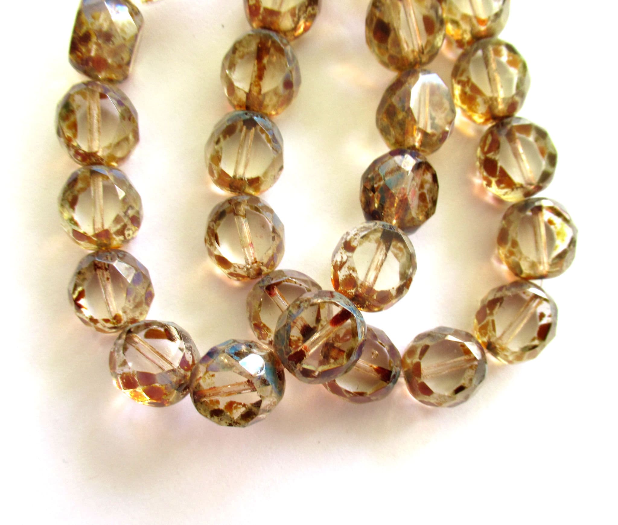 Six 12mm round dual faceted table cut Czech glass beads - crystal clear picasso 2 cut window beads - chunky statement beads 00131