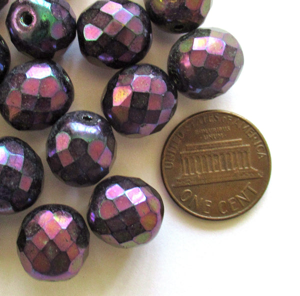 Ten Czech glass fire polished faceted round beads - 12mm purple iris beads C0089