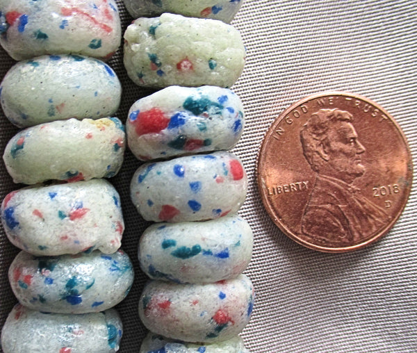 20 African recycled glass chunky spacer beads - red, white & blue speckled - 13mm by 6 to 7mm thick, big hole, rustic, earthy beads 31110